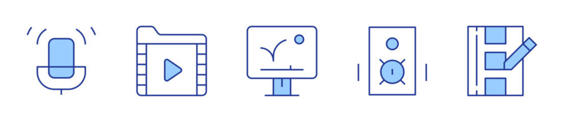 podcast, video file, animate, speakers, film editing. Multimedia Icon vector illustration. Line Duotone style. Editable stroke