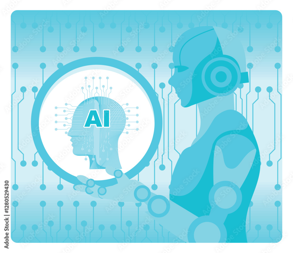 Poster digital representation of artificial intelligence and robotic technology innovation.
