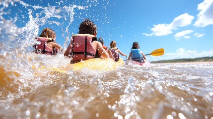 Kids paddling kayaks in splashing water