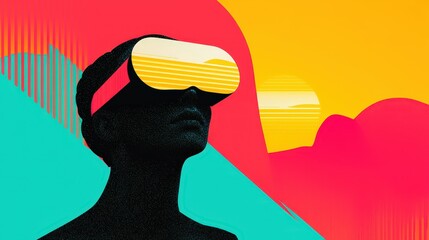 Modern Woman in Virtual Reality Headset Against Vibrant Background