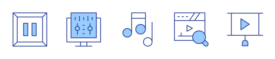 sound editing, notes, search, pause, video player. Multimedia Icon vector illustration. Line Duotone style. Editable stroke