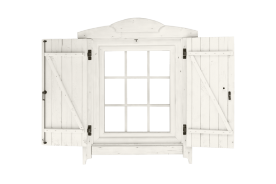 Elegant vertical white wooden window with decorative trim above, two open wooden shutters, and an interior grid, commonly found in historic urban buildings or rural wooden houses.