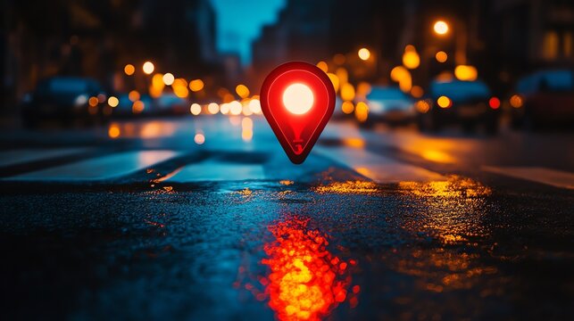 Glowing Location Pin on Rainy Night Street