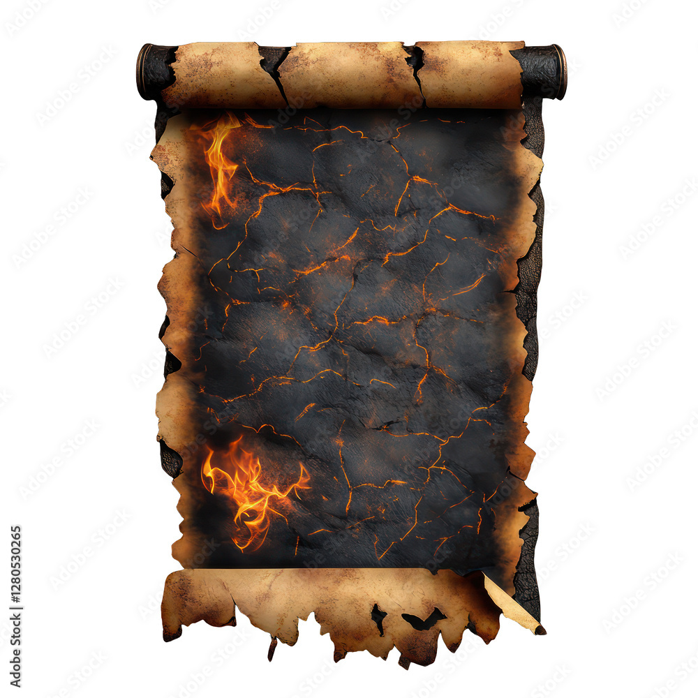 Poster torn and burned ancient spell scroll isolated on transparent background
