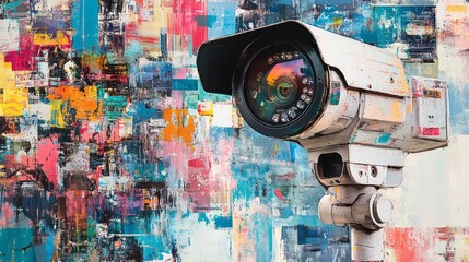 Surveillance camera stands out against a colorful abstract painted background