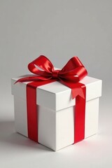 Obraz premium Elegant white gift box, adorned with a vibrant red bow , decoration, love, minimalism