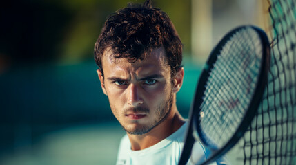 Intense player focused on returning serve during competitive tennis match at outdoor court