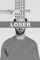 Banner template collage of depressed guy painted in red huge spot marking social outcast people human hate bullying violence concept