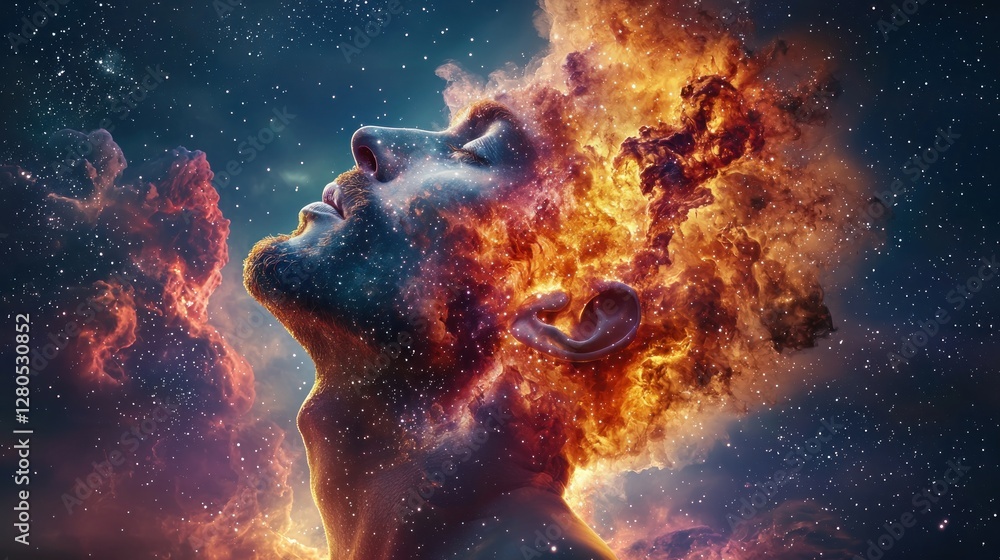 Poster man's face surrounded by cosmic flames and starry background