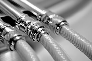 Close-up View of Metallic Hose Connectors with Braided Hoses in Monochrome, Showcasing Industrial Design and Precision Engineering, Plumbing Equipment Concept