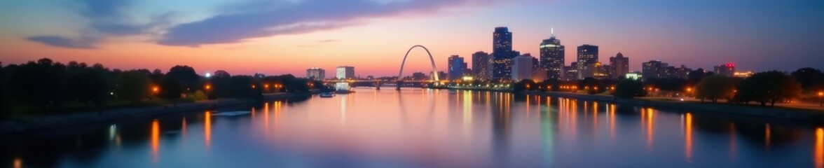 St Louis skyline, blurred river, depth of field, travel, blurred background