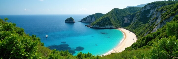 Fototapeta premium Secluded bay, vibrant green canopy, rugged cliffs, sand, tropical beach, rugged
