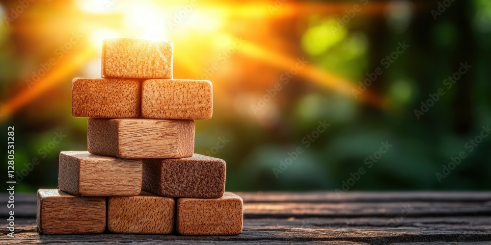 Poster wooden blocks stacked in pyramid shape with sunlight background