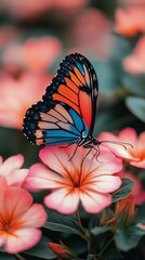 Naklejka premium Butterfly Perched on Pink Flowers in a Vibrant Garden During Sunny Daylight