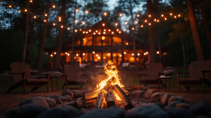 Cozy Cabin Retreat with Campfire and String Lights in Forest. Generative Ai