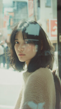 街角の魅力｜カジュアルな黒髪女性とボケ感ある背景。1980年-2000年代の日本のカルチャー。スマートフォン9:16のアスペクト比	