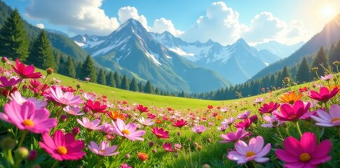 Cosmos flowers carpet garden, majestic mountain backdrop, sunny sky , yellow, white