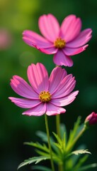 Obraz premium Delicate cosmos blossoms, vibrant pink petals, lush green foliage , bloom, details