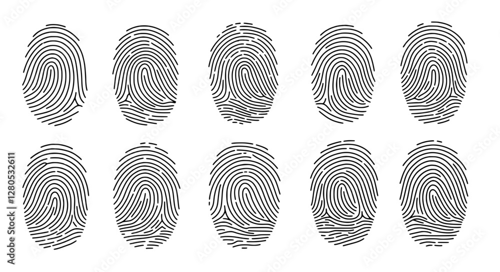 Poster fingerprint diversity: a collection of unique fingerprint patterns arranged in a neat grid, symboliz