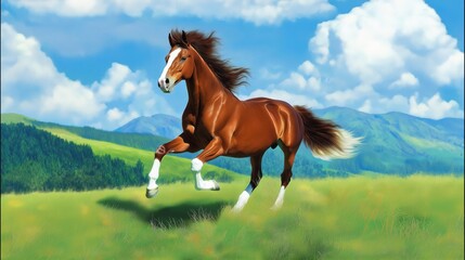 Obraz premium brown horse with white legs galloping across the grassy field