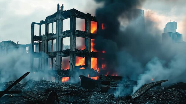 War zone attack impacts building, engulfed in flames with heavy smoke rising, destroyed building at war zone attack, fire burn, video in background