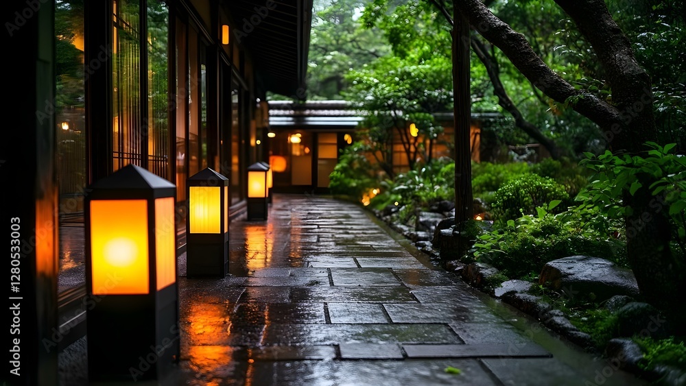 Poster a serene pathway lined with lanterns, surrounded by greenery and reflecting rain on stone tiles, cre