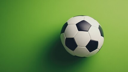 Flat lay of a classic soccer ball on a fresh green background, sharp focus, no people