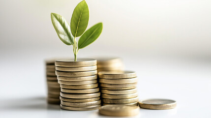 Stacks of Gold Coins with Growing Plant Sprout