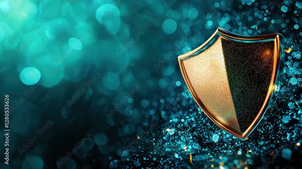Poster Golden Shield on Glittering Blue Background with Bokeh Effect