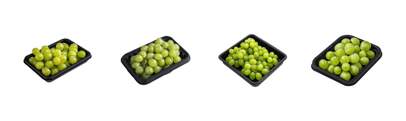 Fresh Green Grapes in Multiple Black Containers on White Background