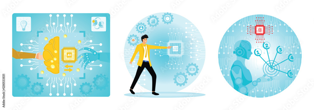 Poster data science concept. artificial intelligence elements and digital gears. futuristic communication.