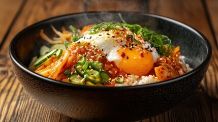 A beautifully styled bowl of Bibimbap, featuring steaming rice topped with a colorful assortment of mixed vegetables