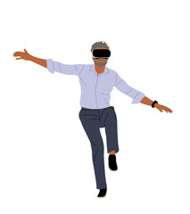Business man standing on one leg in virtual reality headset. Handsome man in white shirt wearing digital glasses travel in metaverse. Vector illustration isolated 