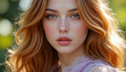 Obraz premium A captivating young woman stands amidst a lush green background, her long, wavy hair radiating warmth as sunlight illuminates her glowing complexion, creating an enchanting moment