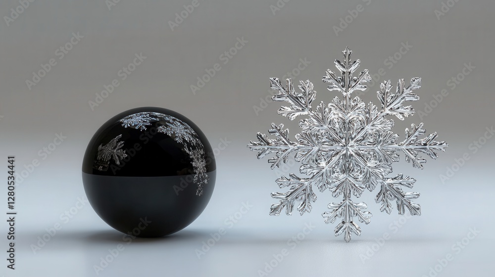 Poster elegant black sphere with intricate silver snowflake design