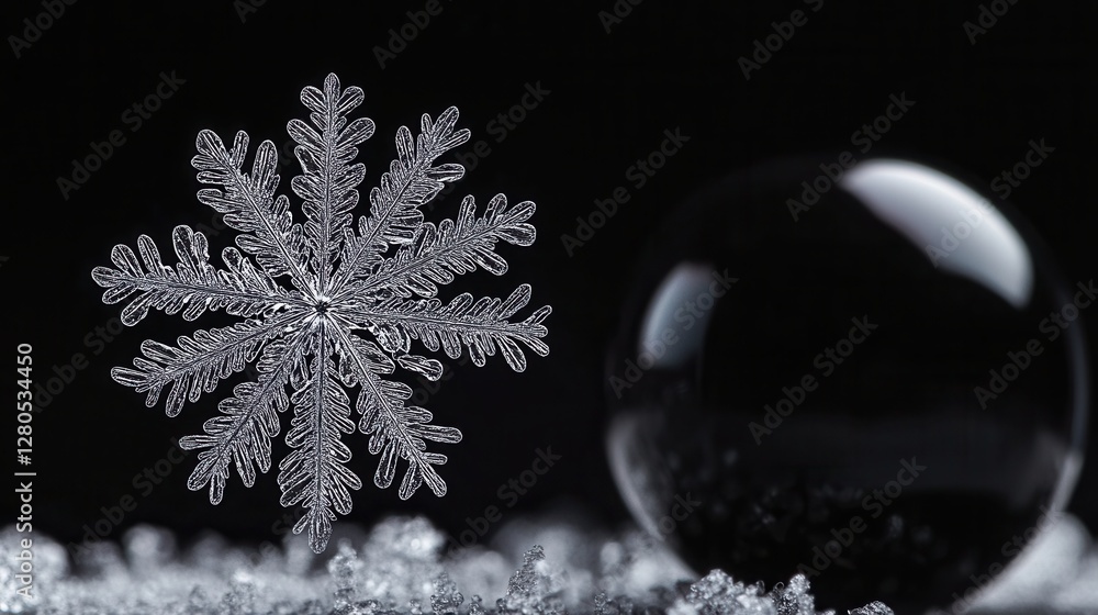 Poster close-up view of a beautiful snowflake and bubble on snow surface