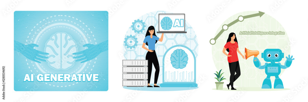 Poster ai system to process and work. presentation ai technology. ai integration.