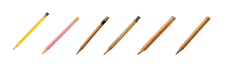Assorted Wooden Pencils in Different Colors and Styles on White Background