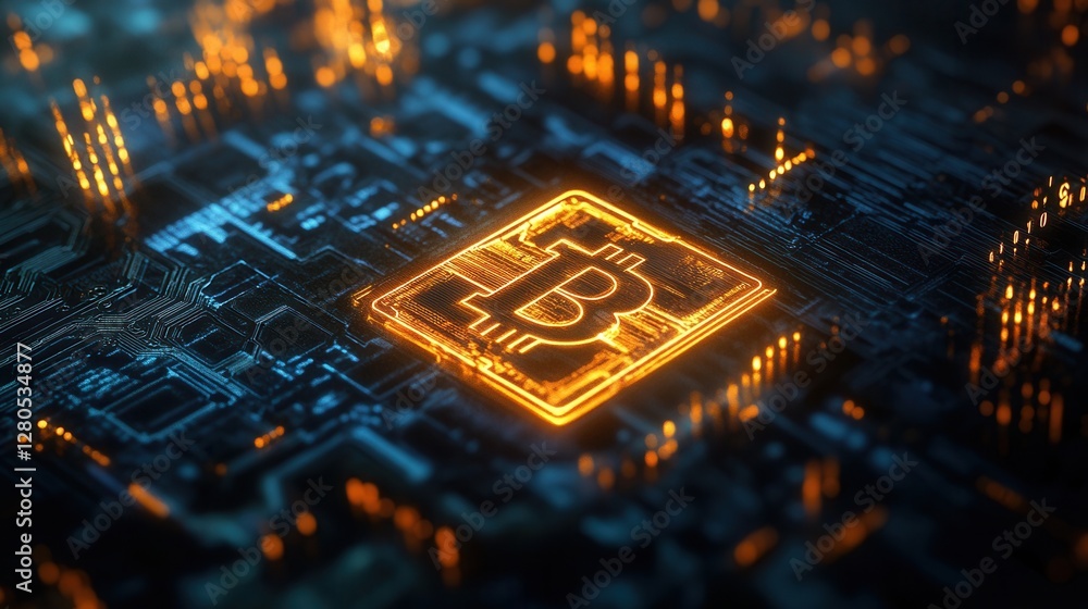 Poster glowing bitcoin symbol on circuit board in digital environment