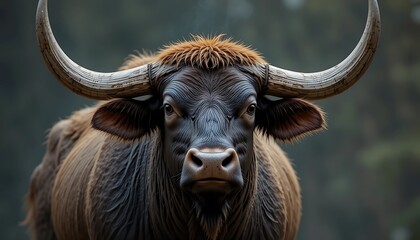 Naklejka premium Close-up of a Majestic Gaur with Impressive Horns in the Forest Generative AI