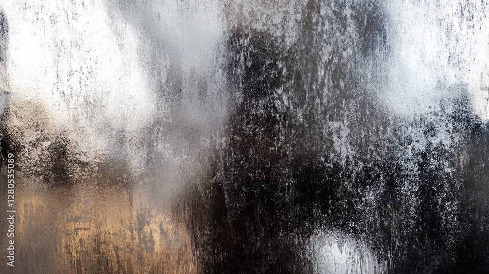 Poster reflection on a sleek metallic chrome surface captures light and shadows in an artistic way