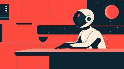 Futuristic Robot in Minimalist Kitchen with Red Background Art