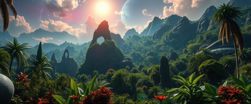Beneath a vivid sunrise, a lush and vibrant landscape unfolds, showcasing extraordinary rock formations, towering greenery, and colorful flora on a distant planet, inviting exploration