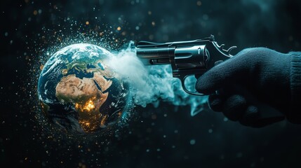 Naklejka premium A gloved human hand pulls the trigger of a revolver aimed at the Earth, with smoke rising from the barrel after the shot. Earth begins to break apart, symbolizing harmful effects of human activity.