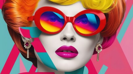 Fototapeta premium A striking fashion illustration features a model adorned with vibrant hair shades and oversized sunglasses reflecting a rainbow. The artwork captivates with its bold colors and geometric shapes