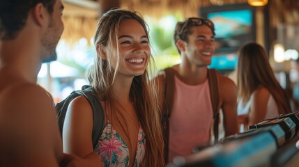 Group of happy tourists checking into resort, with promotional materials about local activities services prominently displayed at front desk resort's marketing highlights exclusive packages deals