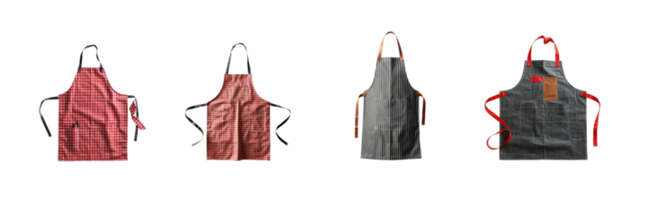 Four Distinct Aprons Displayed on a Neutral Background