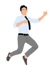 Business man character jumping, pointing to the side. Excited Handsome man wearing shirt, tie showing direction with his arms. Vector realistic illustration isolated