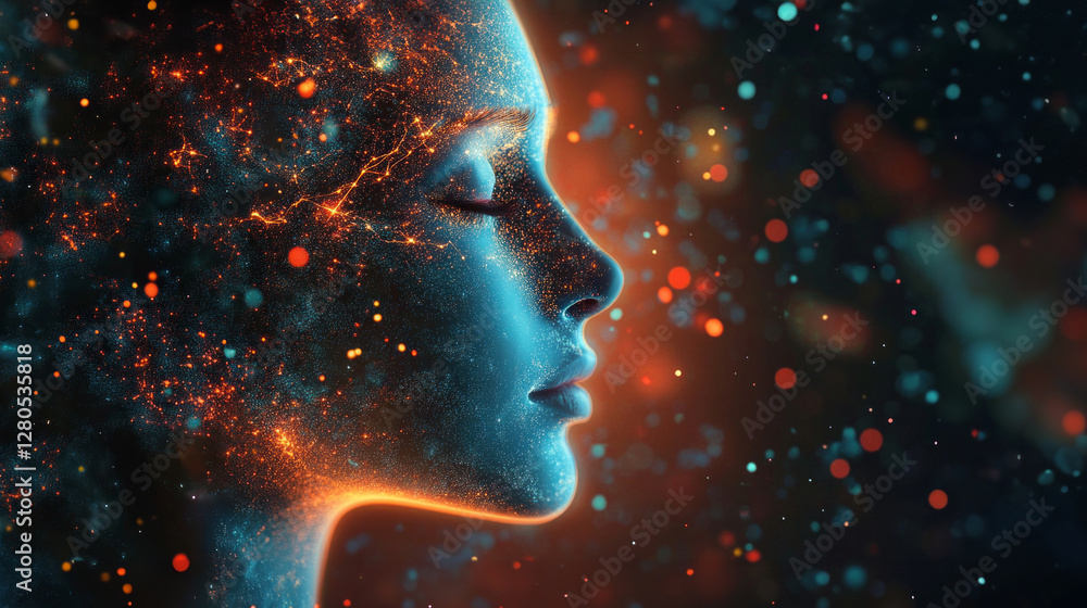 Poster innovative expression of a thoughtful figure surrounded by luminous energy in a conceptual setting