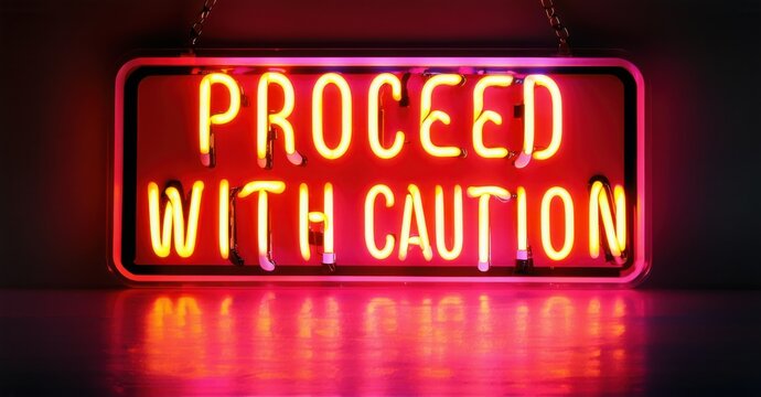 Neon proceed with caution sign with neon road signs and warning lights, creating a vibrant, colorful atmosphere that signals alertness and careful navigation ahead
